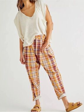 Free People Yellow Plaid Cropped Relaxed Pants